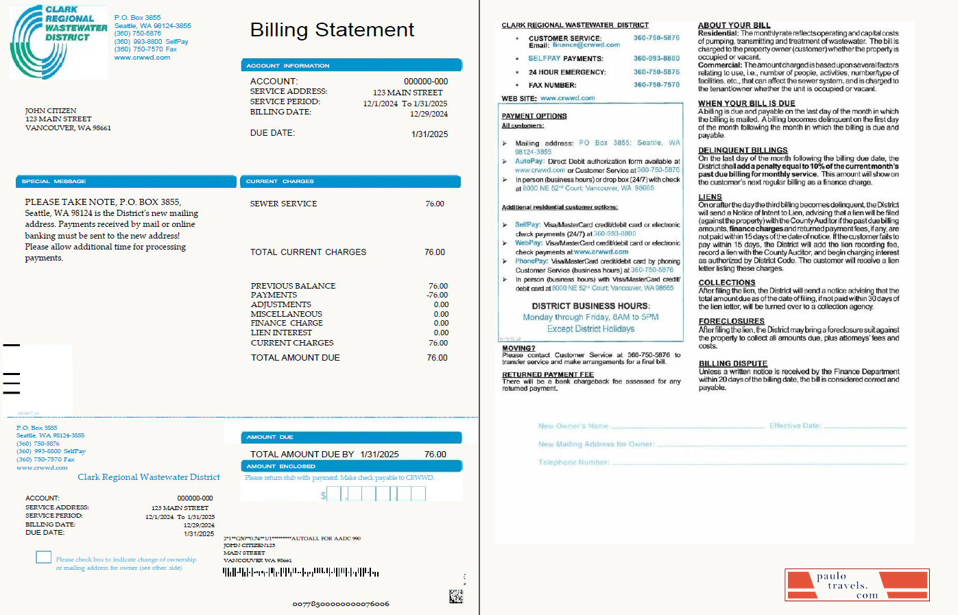 USA Clark Regional Wastewater District utility bill template in Word and PDF formats, 2 pages